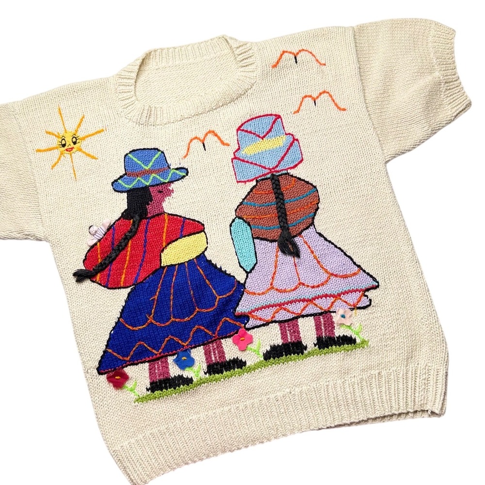Vintage Peruvian 3D Storyteller Sweater Hand Knit Folk Art Appliqué Embroidery